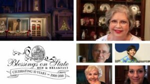 guests get to know you Blessings on State Bed and Breakfast outside, logo, and innkeeping staff