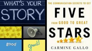 your signature hospitality story What's Your Story, Five Stars book cover by Carmine Gallo, megaphone