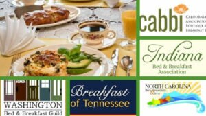 food on tablecloth covered-table with 5 B&B association logos
